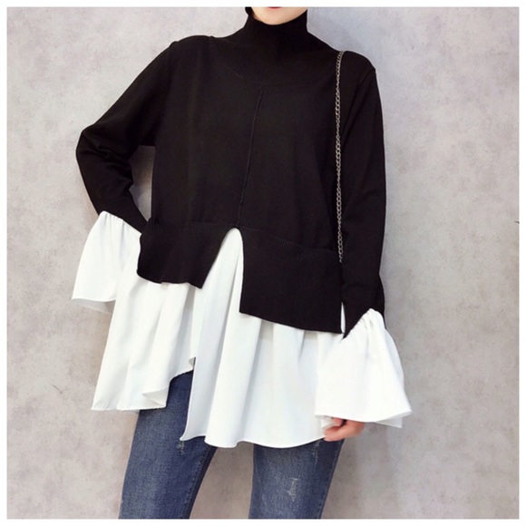 🎁 Black & White Asymmetrical Tail Sweater Top - Picture 3 of 6